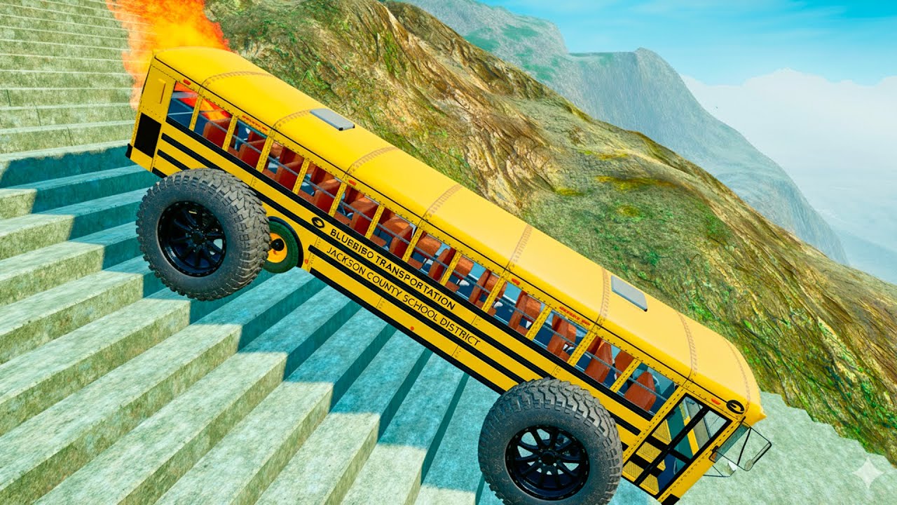 School Bus Stairs Jumps Down Challenge – BeamNG Drive Realistic Crash Physics BMG