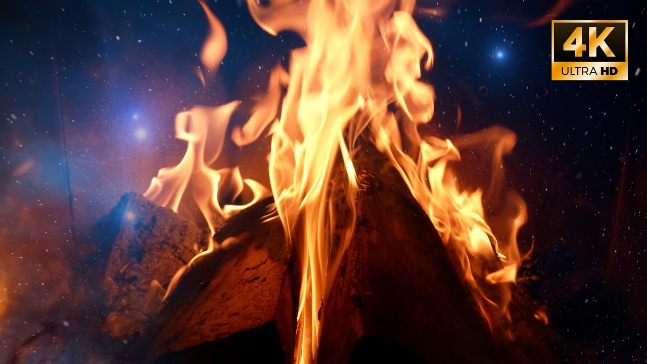 Starlit Fireplace 🔥 Cozy Fireplace Ambiance & Fire Crackling Burning Sounds (4K - 8 Hours)