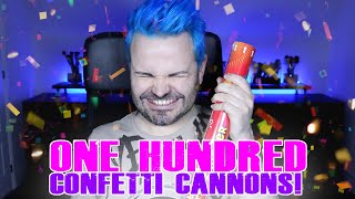 SETTING OFF ONE HUNDRED CONFETTI CANNONS! - One year, 100 Cannons!