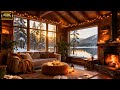 Cozy Winter Library Jazz Sanctuary ❄️ Majestic Fireplace Glow & Snowy Window Ambience, No Ads