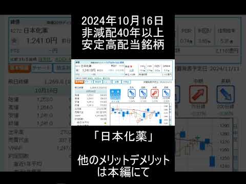【日本株】2024年10月16日時点/本日下げの非減配年数40年以上の実績アリ優良高配当銘柄「日本化薬」紹介【高配当株】 #高配当 #投資