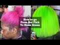 How to go from Hot Pink to Neon Green | How to remove pink hair dye| Lime green hair tutorial