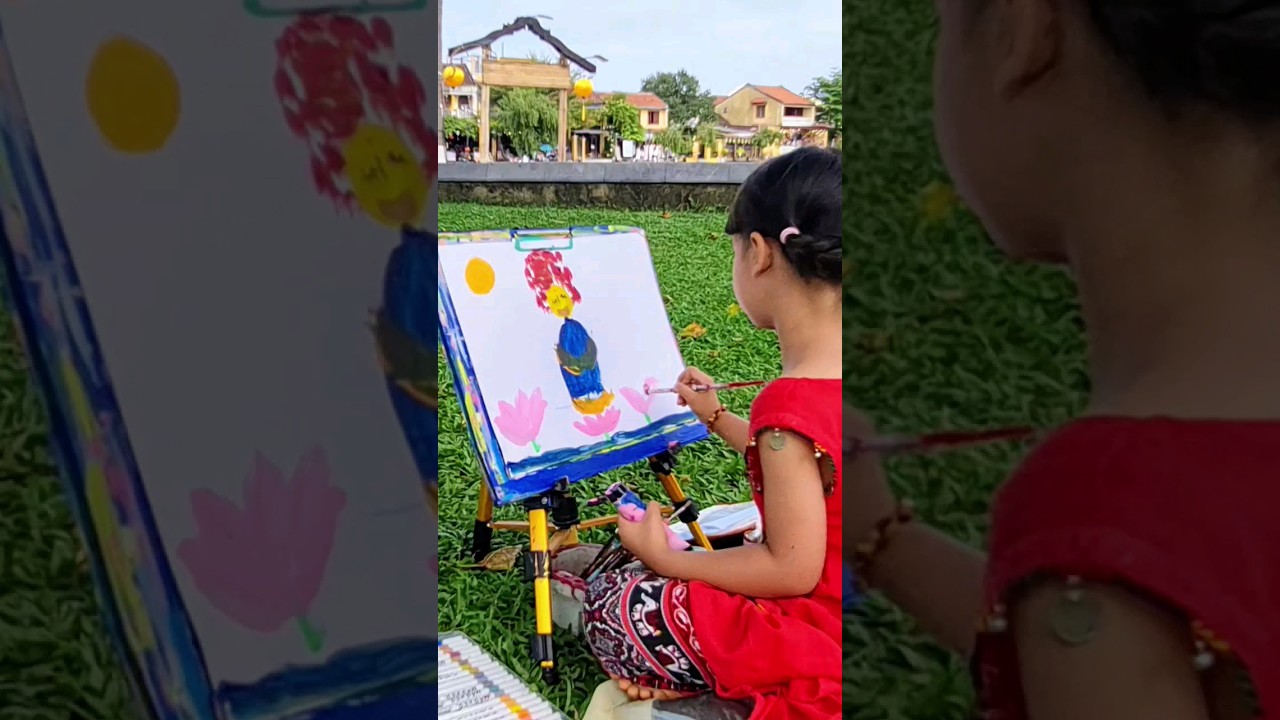 4-year-old kid artist painting a Buddha, 3 lotus flowers & a moon | Acrylic painting | Mia Mai Art