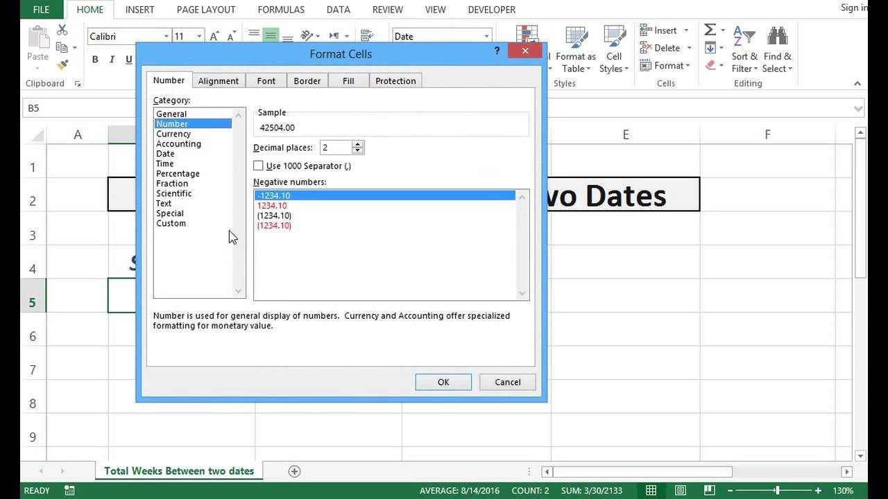 Calculate Total Weeks Between Two Dates Excel 2013 YouTube