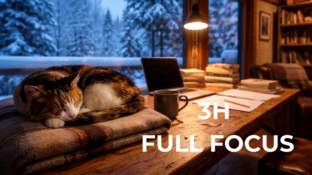 3 Hour Lofi Study Music ❄️ Snow Falling Outside a Cozy Cabin | Mochi the Cat