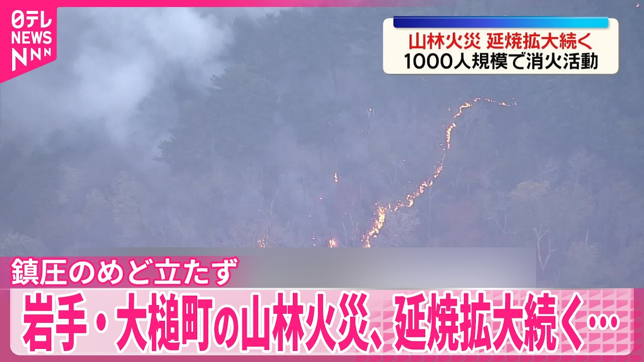 中継】岩手・大槌町の山林火災、延焼拡大続く…鎮圧のめど立たず 1000人