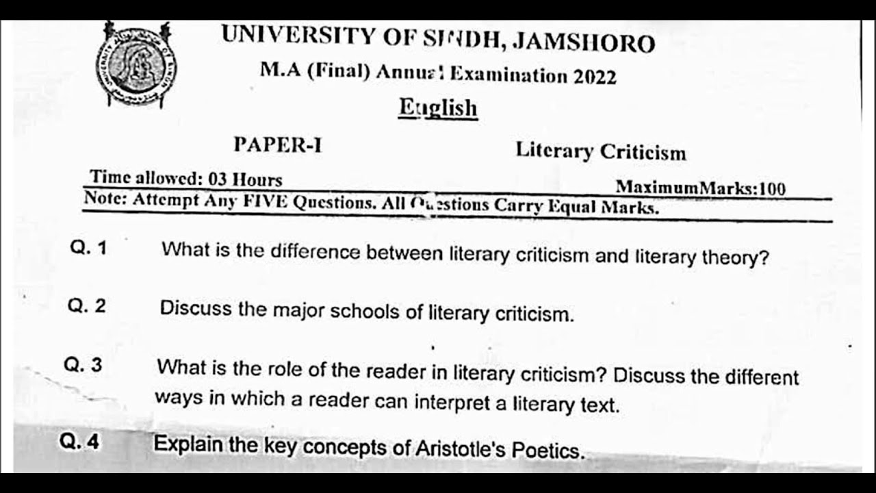 MA Final English paper 1(Literary Criticism)|| MA Final past paper 2022 || Sindh University Jamshoro
