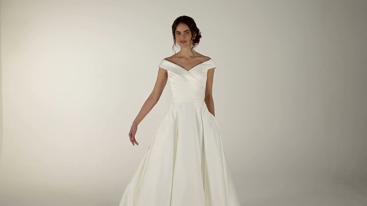 Hayley ballgown off the shoulder neckline pleated bodice pockets full satin skirt