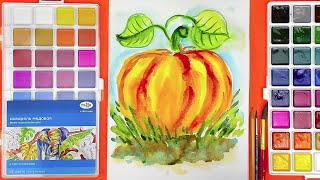 картинка: Тыква ОСЕНЬЮ и АКВАРЕЛЬ для детей - урок рисования красками