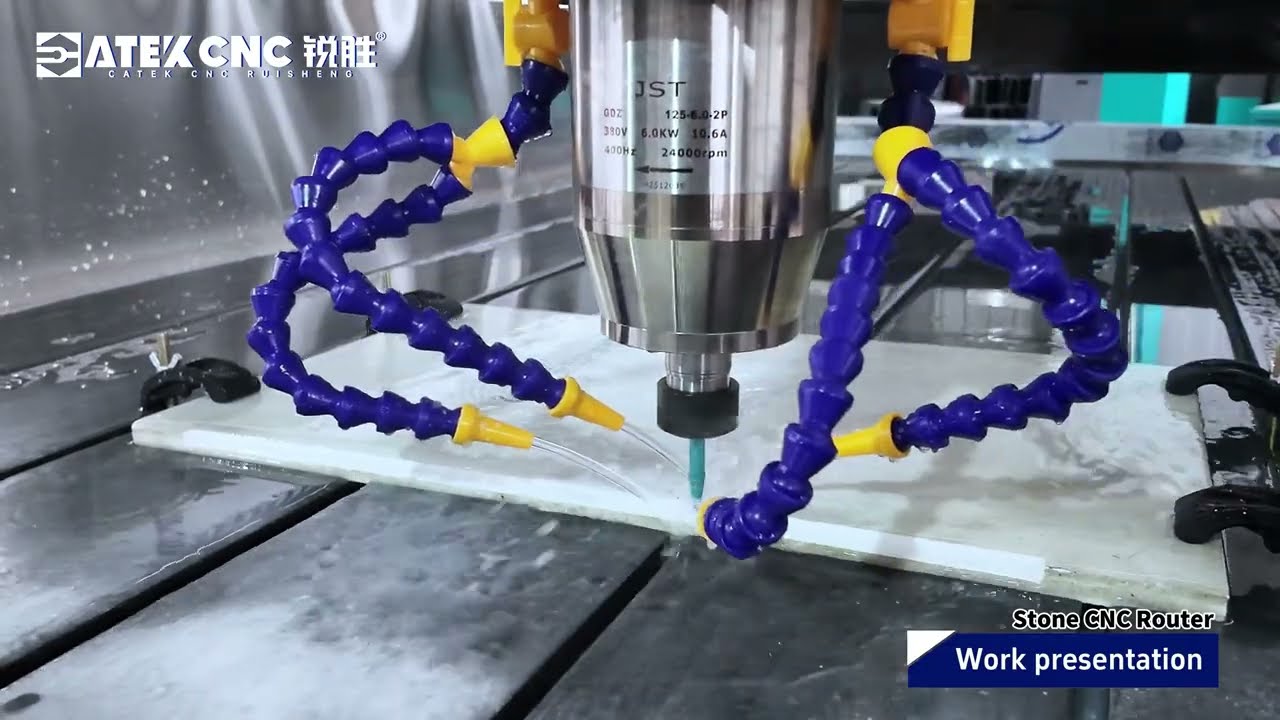 Large-format 7x10 ft CNC stone router machine carving patterns on engineered stone