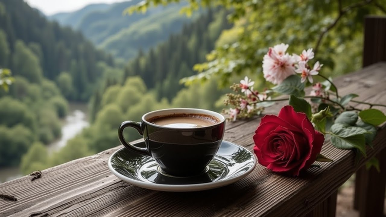 Откройте для себя идеальный мирный момент с чашкой кофе в красивом лесном пейзаже.