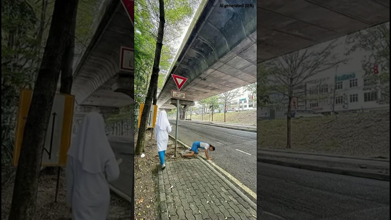 Girl trips, almost hit by bus. Realistic scenario for pedestrians without proper pavement. AI video.