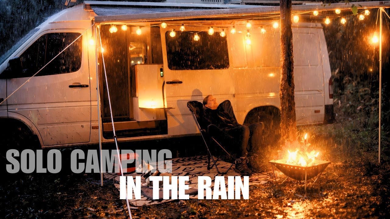 SOLO Van Camping in the RAIN [ Heavy Rain Sounds | Crackling Fire | Cozy Van Life ASMR ]