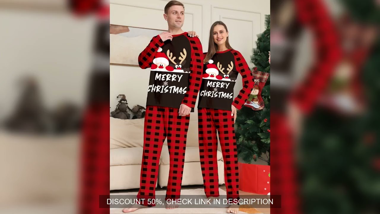 Merry Christmas Couple Pajamas - Raglan Sleeve Santa Reindeer Print Black & Red Plaid Set