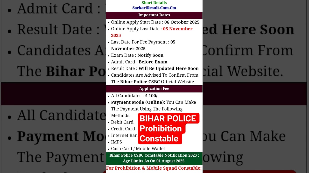 Bihar police Prohibition Constable notification out.     26/09/2025