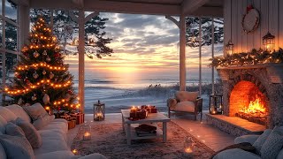 Winter Coastal Christmas Morning 🔥 Fireplace, Ocean Waves & Calm Holiday Porch 🎄❄️