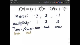 Identify zeros and their multiplicities of polynomial function and determine touch or cross