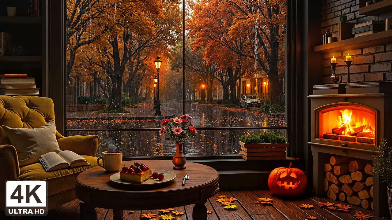 Warm Autumn Fireplace & Rainy Street 🍂 Gentle Jazz with Café Ambience for Study, Work & Calm Nights