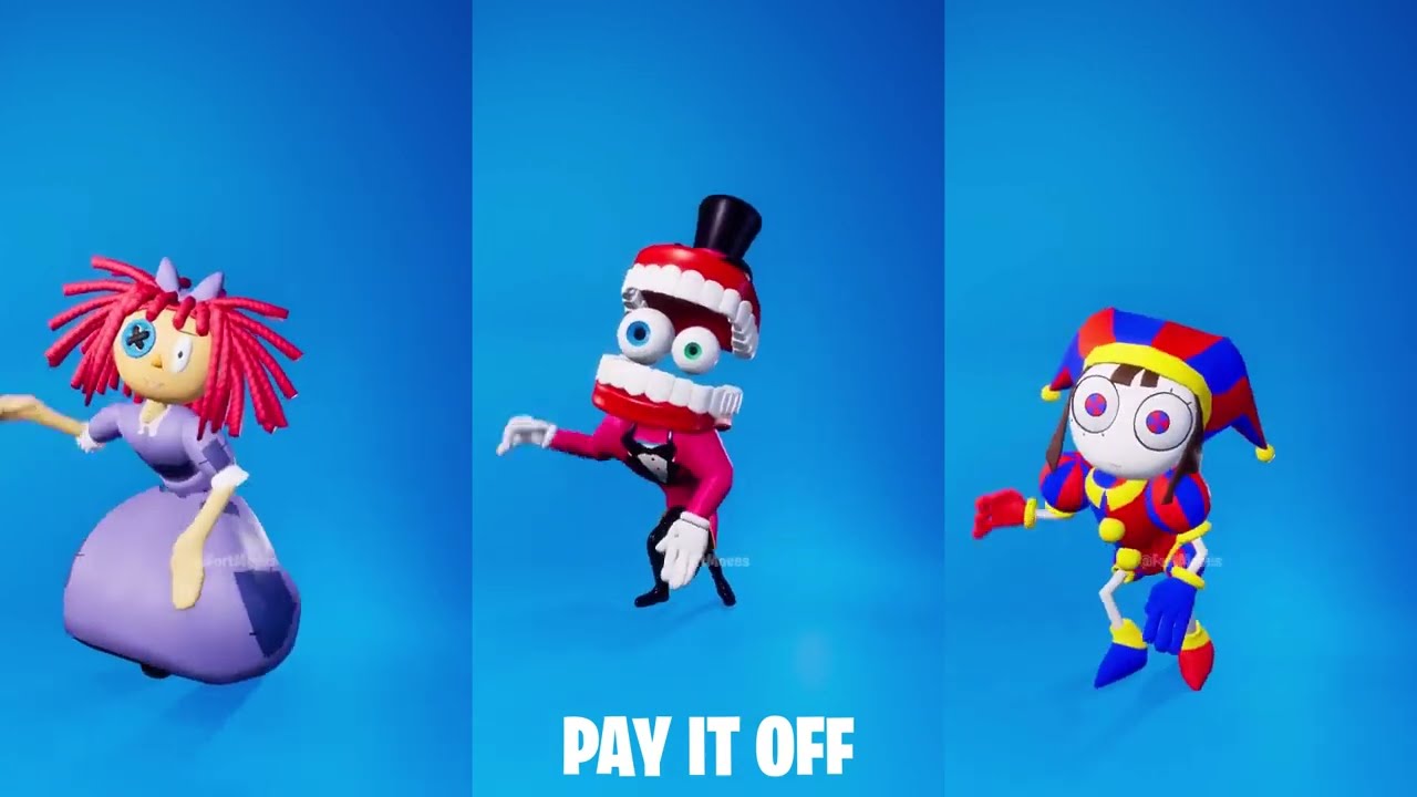 Popular Fortnite Dances with Digital Circus Characters, Take The L, Starlit, Floss.