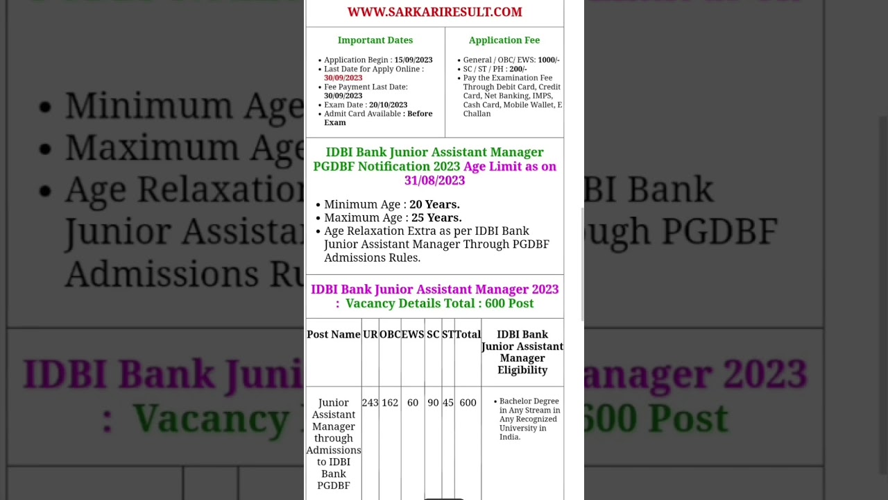 IDBI Bank Junior Assistant Manager Online Form 2023