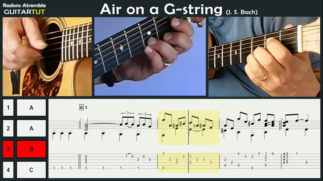 Air On The G String (J. S. Bach) - Guitar Tutorial Slow Played Tabs & Score  