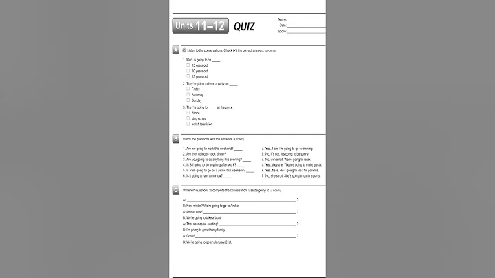 Interchange Fifth Edition Intro Level Assessment Written Quiz Unit11-12