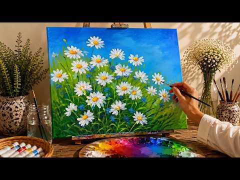 How to Paint a Daisy Flower Field | Easy Acrylic Painting Tutorial for Beginners