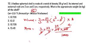 A hollow spherical shell is made of a metal of density 28 g/cm3. Its internal and external radii