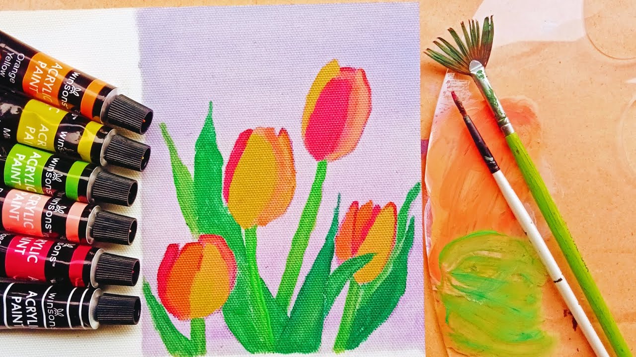 How to paint tulips🌷/ easy flower painting for beginners/easy acrylic ...