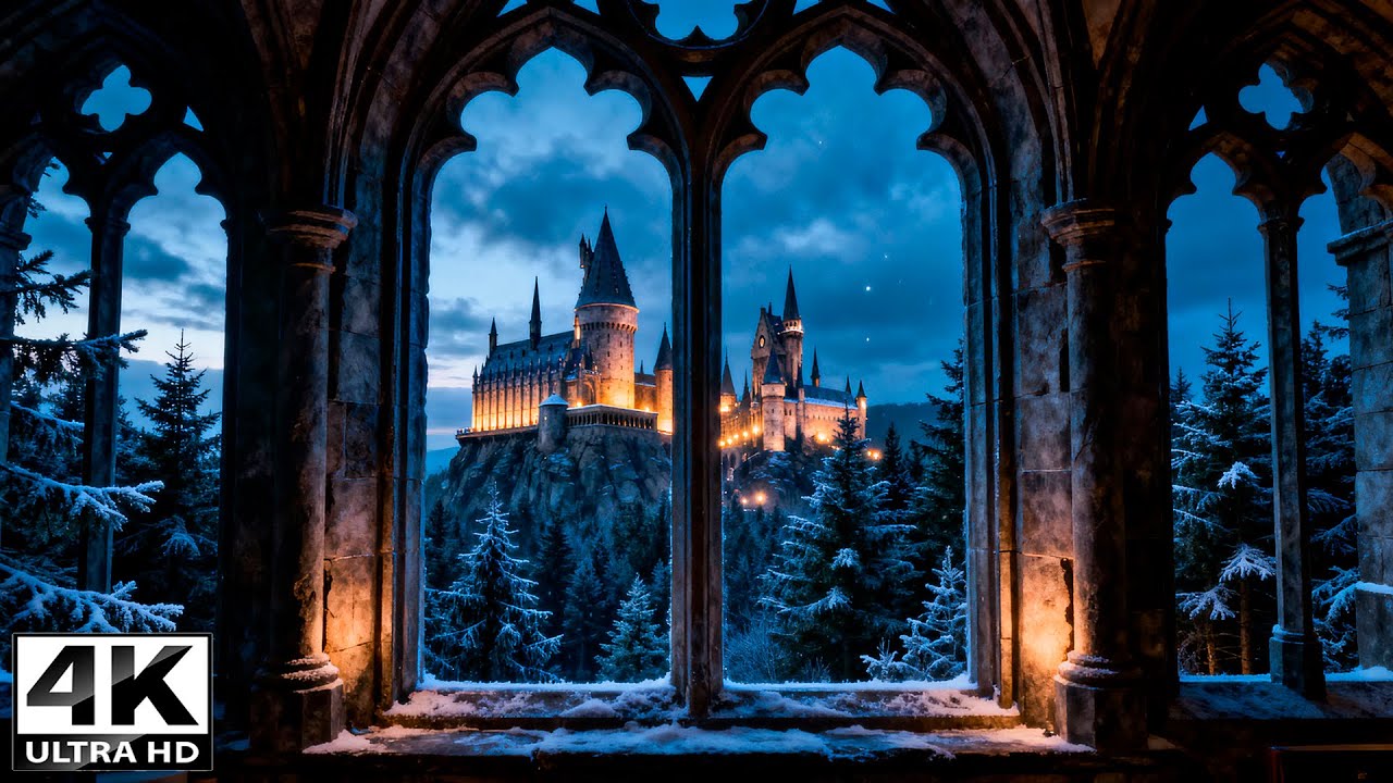 4K Hogwarts Winter Window – Harry Potter Ambient View with Soft Relaxing Music