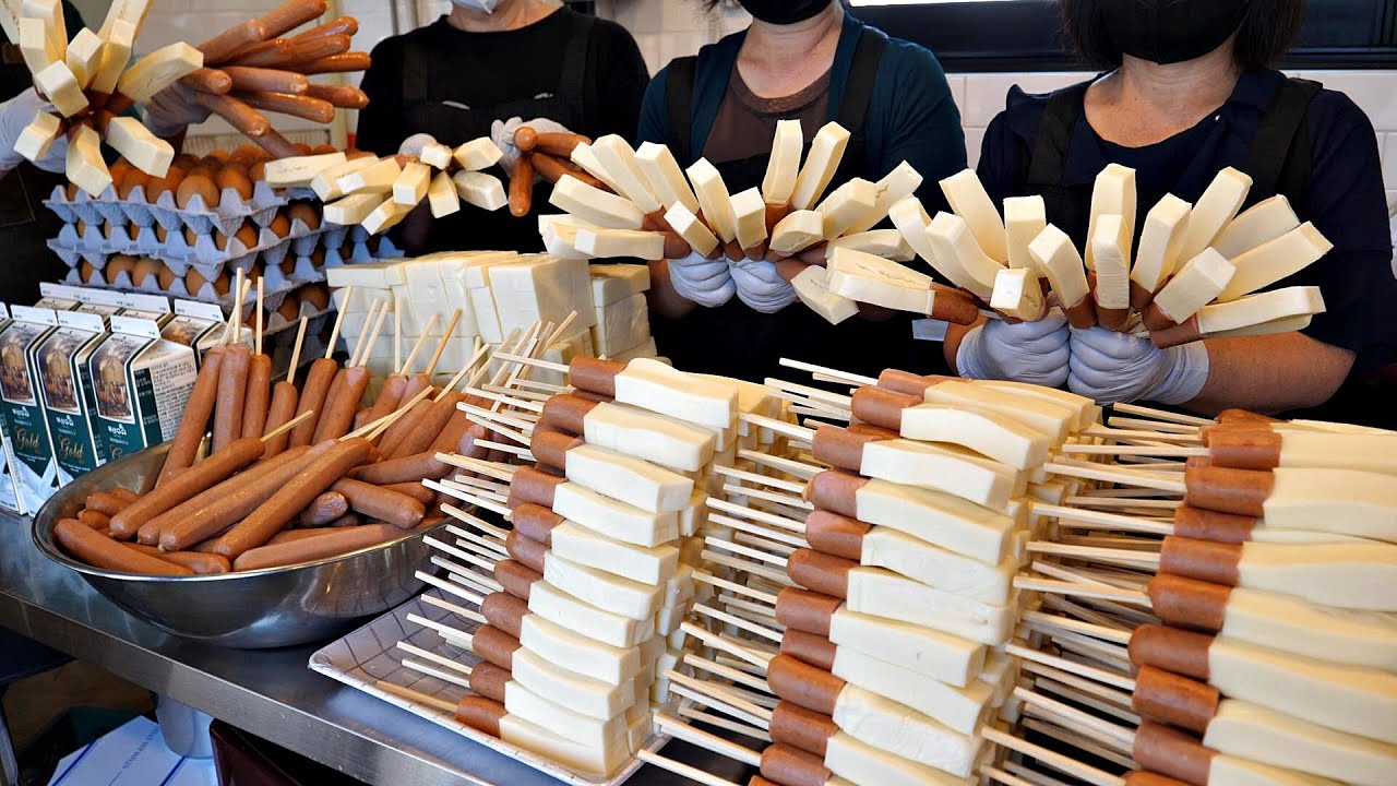 так вкусно!! «Сырный хот-дог», который продается по 2000 штук в день. / korean street food