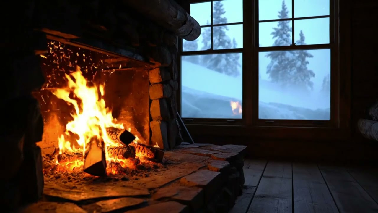Heavy Snowstorm at Night | Crackling Fire Sounds for Deep Relaxation (1 Hour)