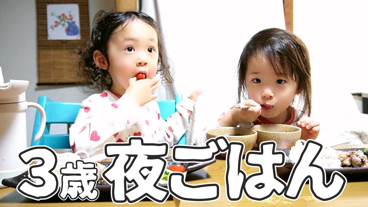 【3歳の夜ごはん】双子ちゃんと食べる夜ごはん🍴世話をやく姉と受け入れる妹 【双子育児】