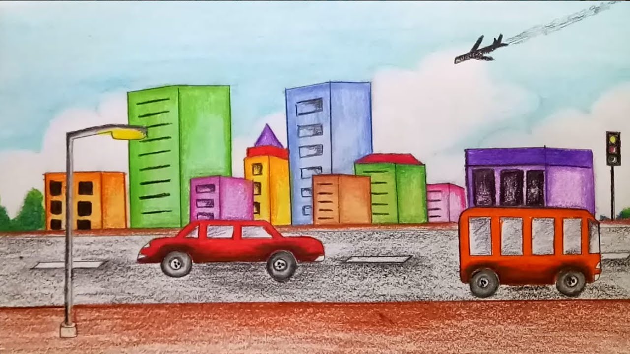 How to draw city scene.Step by step(easy draw) - YouTube