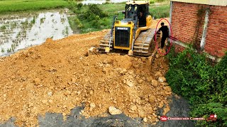 : Powerful Heavy SHANTUI Dozer Pushing Soil Delete FarmLand With Shacman Trucks Dumping Soil Filling