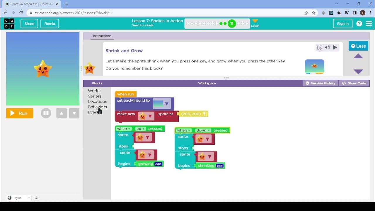 Code.org Lesson 7 Sprites In Action Answers L7-11 |Code.org | Express-2021 | Lesson 7:Sprites in Action | level 11