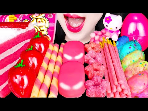 ASMR PINK DESSERTS 핑크색 디저트 EGG SURPRISE ICE CREAM CAKE 먹방 MUKBANG