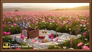 Sunset Picnic in Blooming Flower Field 4K | Framed Art TV Screensaver screenshot 2