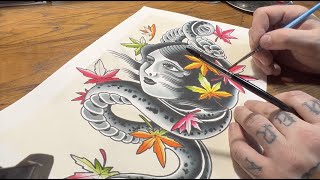 Watercolor Painting Unintentional ASMR - Tattoo Spitshading Snake and Girl Head (no talking) screenshot 3