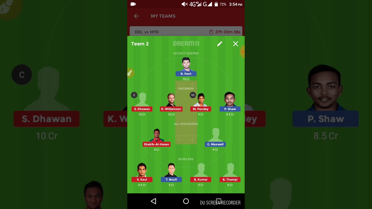 SRH vs DD 42 IPL Match Dream 11 team (Sunrisers Hyderabad vs Delhi Daredevil's)