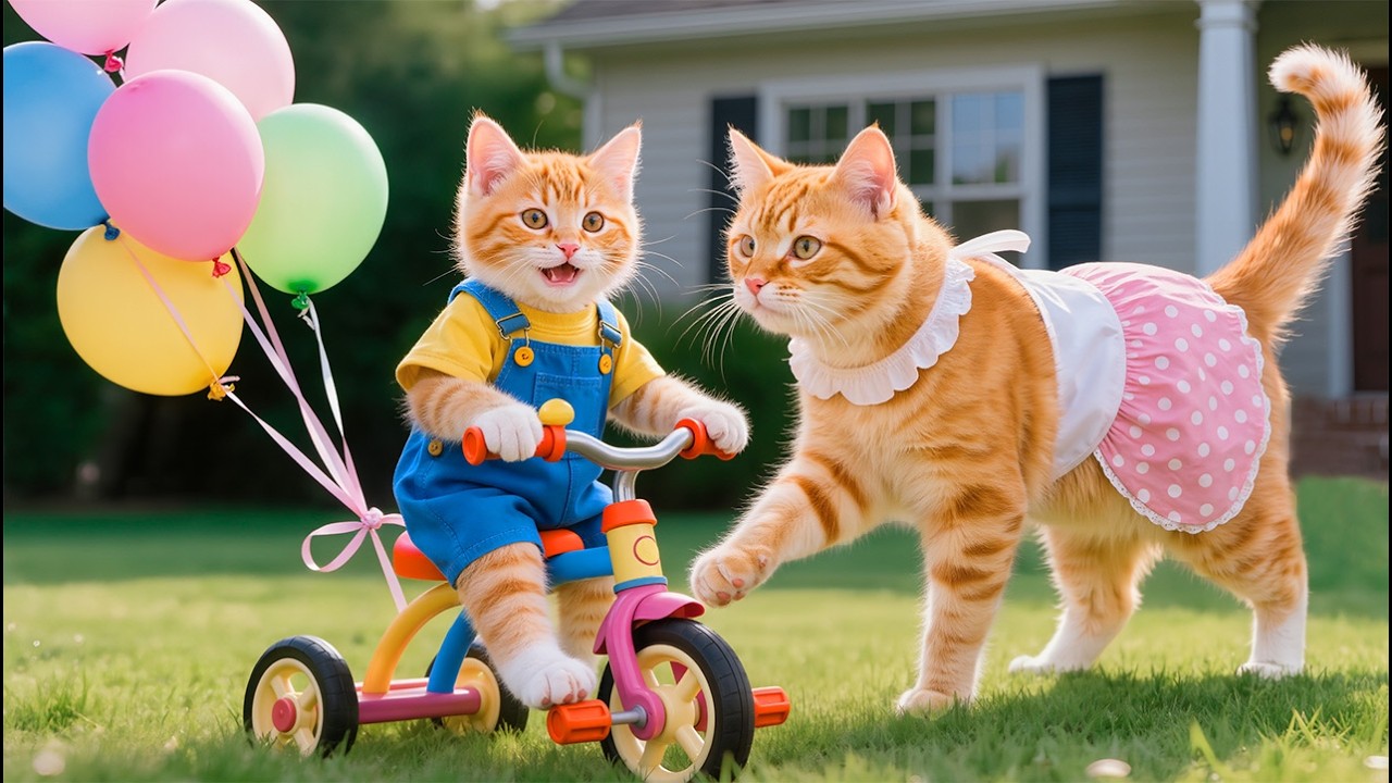 🐱🎈 Creative Kitten Ginger Made A Bicycle From Colorful Balloons, Mother Cat Is Very Impressed 🌈🚲✨