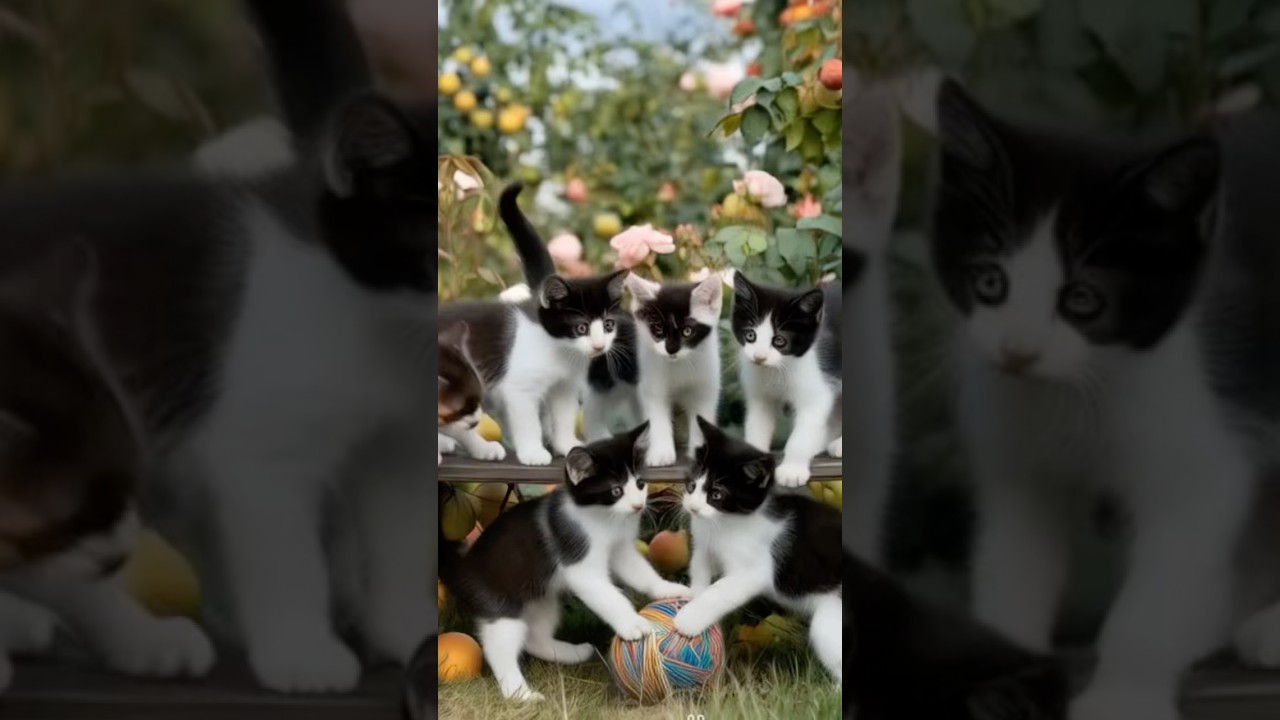 Meow Meow Kittens playing together in a fruit & rose land | Mewo AIs 