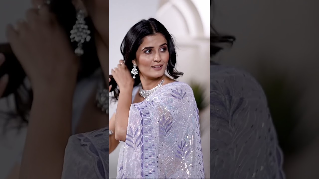Lavender Thread Embroidered Saree – Tissue Net, Party Wear