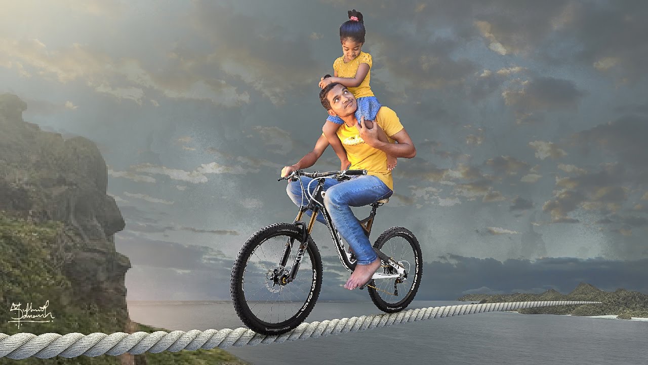 Riding Bicycle on the Tightrope Photo Manipulation