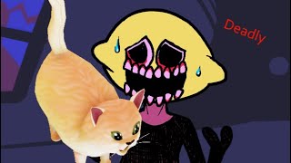 Monsterfriend touches a cat.