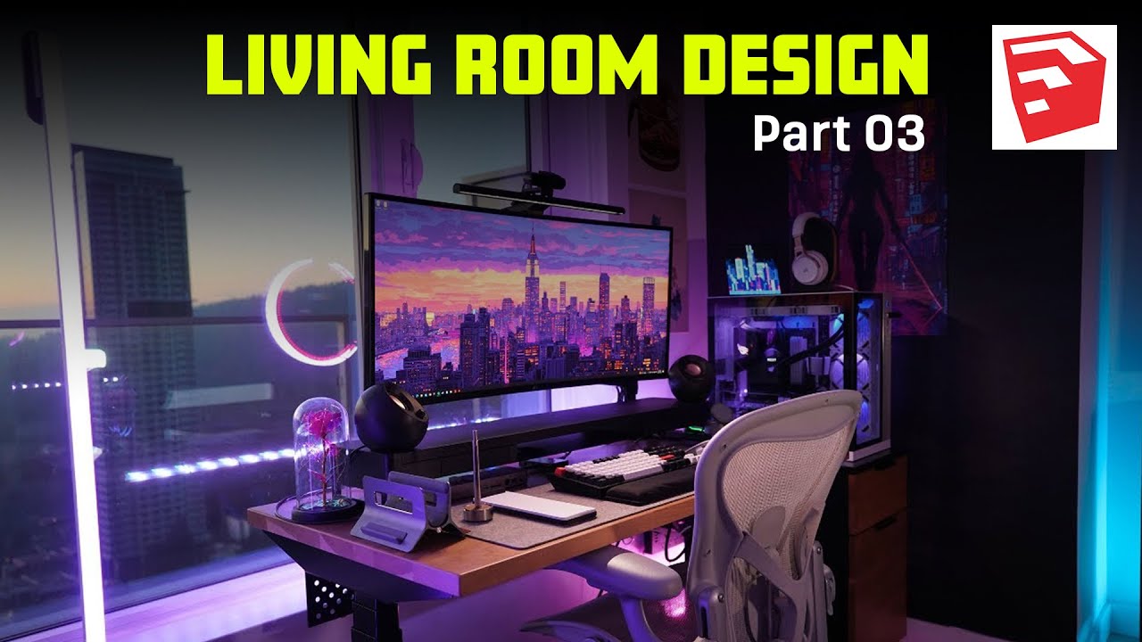 Complete Living Room Design with Computer Setup in SketchUp | PART 03