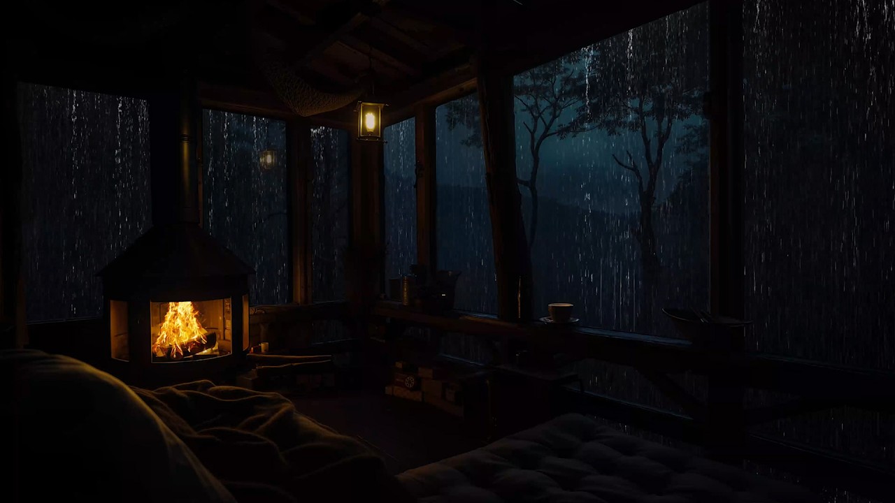 Peaceful Rain and Crackling Fire in a Cozy Cabin | Night Forest Ambience for Sleeping