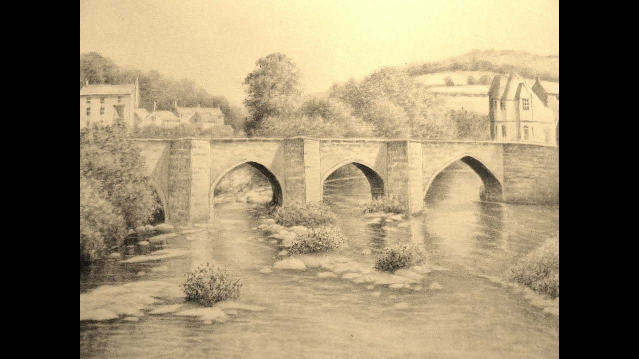 Landscape graphite pencil drawing, Llangollen bridge, Wales - YouTube