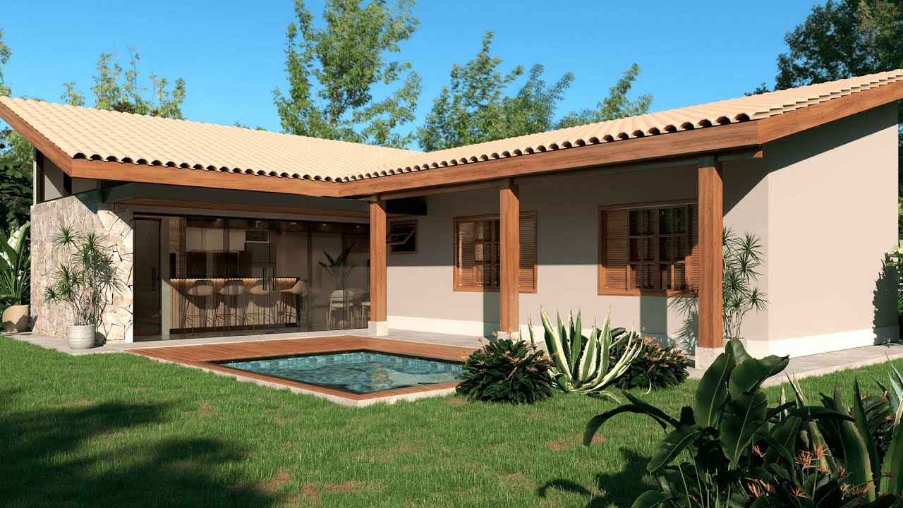 Edícula em L - Casa de Campo - Projeto com 75 Metros Quadrados e 2 Quartos