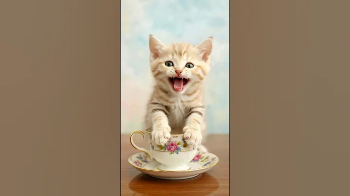 Watch the video about Tiny kitten pops out from inside a teacup and meows softly